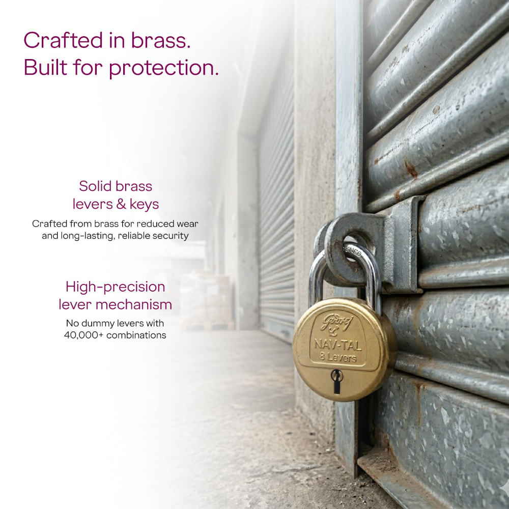 Godrej Padlock | Navtal 8 Lever Brass Padlock 85mm with 3 Keys | Hardened Steel Shackle | Heavy Duty Lock for Main Door, Gates, Shutters, Warehouses, Offices & Industrial Use | 1 Year Warranty